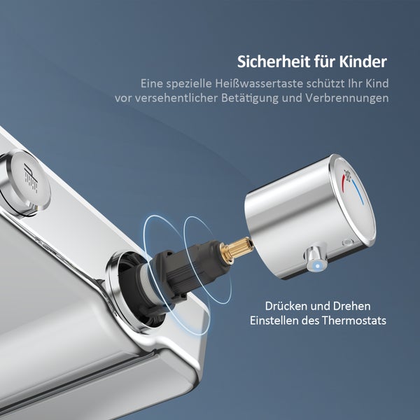 EMKE Duschsystem mit Thermostat, Wasserfall-Überkopfbrause, Handbrause mit 3 Strahlarten, Glasablage, 38 °C Wohlfühltemperatur, KTW-zertifiziert, 1142 x 303 x 460 mm, Chrom
