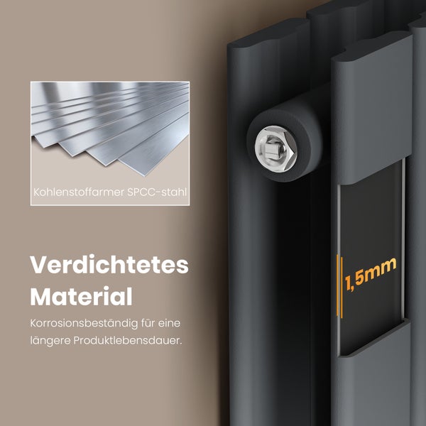 Detailaufnahme eines Heizkörpers mit dem Hinweis auf das verwendete SPCC Stahl und die Materialstärke von 1,5 mm.