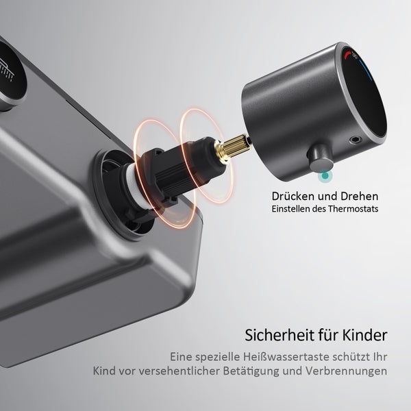 EMKE Duschsystem mit Thermostat, Handbrause mit 3 Strahlstärken, Wasserfall-Auslauf, Duschsäuleset Duschgarnitur mit glasablage, KTW Zertifizieren, Anthrazit Matt
