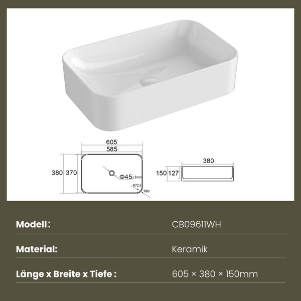 EMKE Aufsatzwaschbecken 605x380 mm, Glanzweiß, Eckig, Keramik Waschtisch, Handwaschbecken für Bad & Gäste-WC, Höhe 150 mm