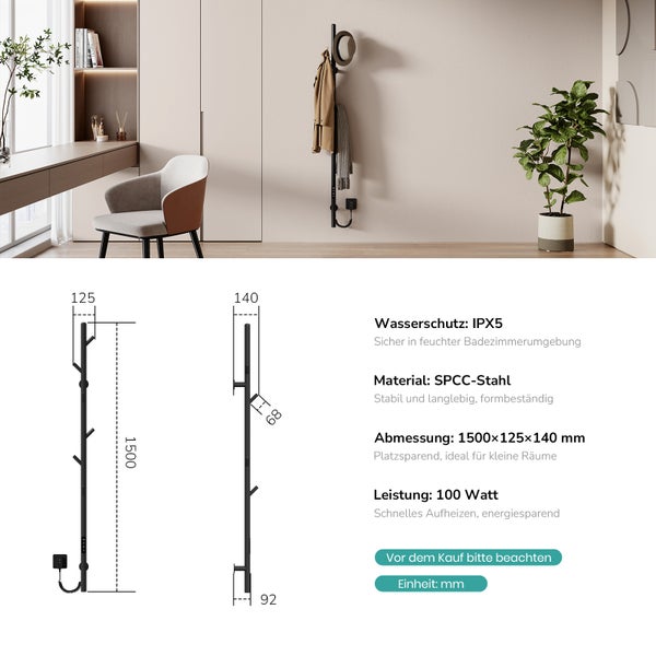Schwarzer, beheizter Handtuchhalter aus Stahl im Badezimmer mit Hut, Jacke und Schal.