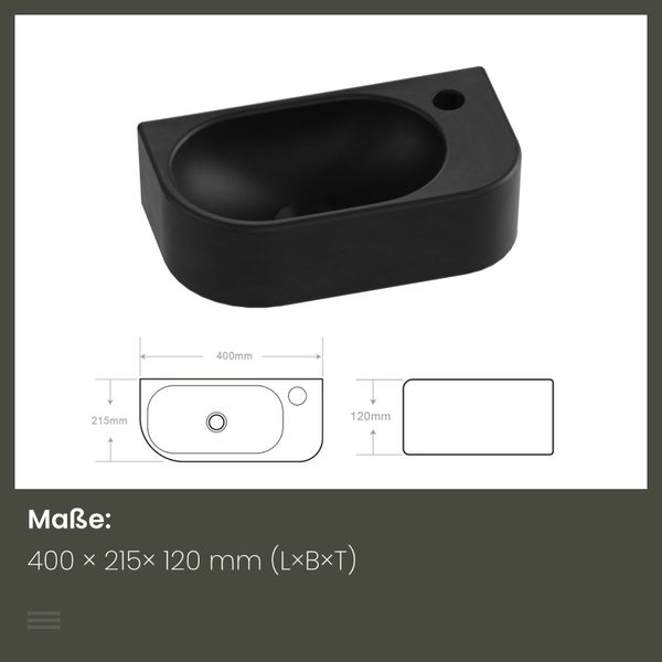 EMKE Hängewaschbecken für Ecke 400 x 215 mm, kleines rechteckiges Keramik, Wandwaschbecken, mit Hahnloch rechts, Höhe 12 cm, Schwarz, Perfekt für Badezimmer und Gäste-WC, leicht zu reinigen