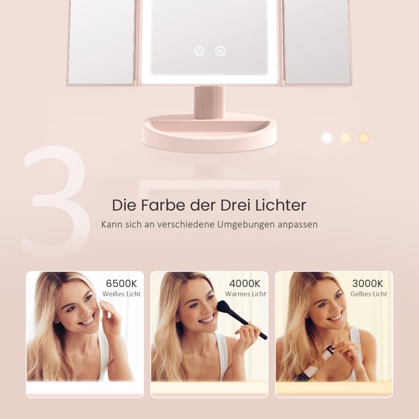 EMKE Schminkspiegel LED Kosmetikspiegel Vergrößerungsspiegel zweiseitig Touchschalter,3 Lichtfarben Dimmbar, USB Aufladbar,2x/5x Vergrößerung Rosa