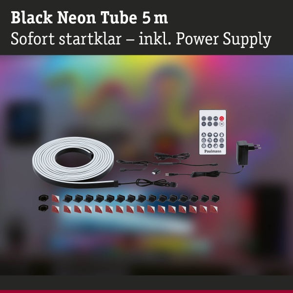 Schwarzer Neonstreifen mit fünf Metern Länge, inklusive Zubehör und Paulmann Logo