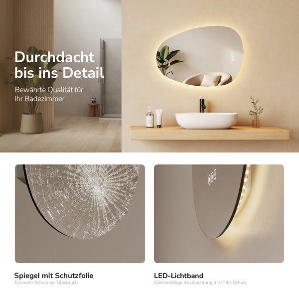 Organischer Badezimmerspiegel mit LED Beleuchtung, Touch Funktion und Splitterschutzfolie für Sicherheit im Bad.