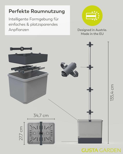 Tomatenzuchtsystem mit Maßen und Hinweisen zu Design und Herkunft