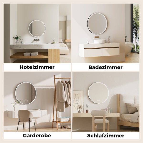 EMKE LED Badspiegel Ø60 cm, Touchschalter, 3 Farbtemperaturen einstellbar, dimmbar, Antibeschlag, Memory-Funktion, Acrylrahmen in Schwarz, IP44, für Bad