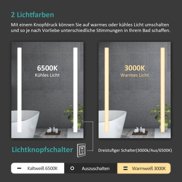 EMKE LED Badspiegel 60x45 cm, Badezimmerspiegel mit Touch-Schalter, Antibeschlag, Sicherheitsfolie, Warmweiß/Kaltweiß, IP44 Wandspiegel für Bad