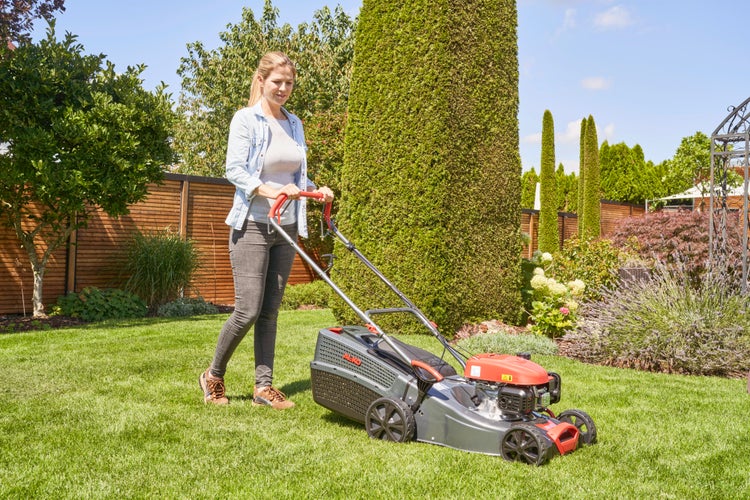 Frau mäht mit einem AL-KO Benzinrasenmäher einen gepflegten Rasen in einem sonnigen Garten.