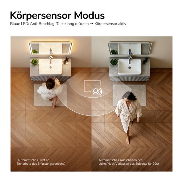 Funktionsweise des Körpersensors für Badspiegel mit automatischer Lichtsteuerung bei Anwesenheit und zeitverzögertem Ausschalten.