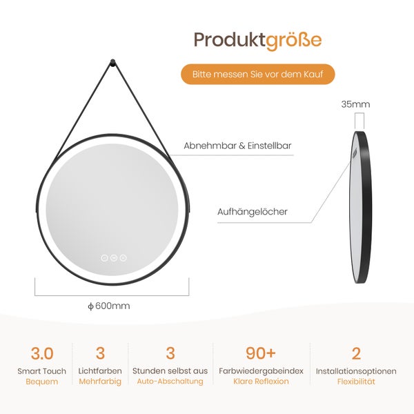 Technische Zeichnung eines runden LED Wandspiegels mit 600 Millimeter Durchmesser und 35 Millimeter Tiefe sowie weiteren Produktinformationen.