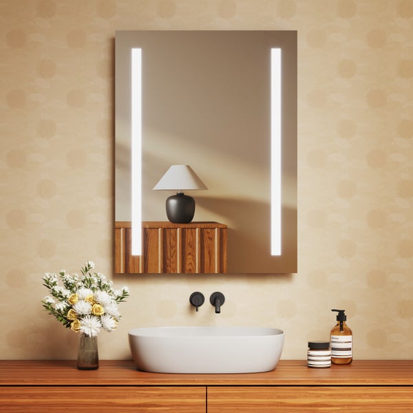 EMKE Badspiegel mit Beleuchtung 80x60 cm, Kaltweiß, Wandanschluss, IP44, integrierter LED Spiegel, HD-Spiegelfläche, horizontal & vertikal montierbar, für Badezimmer