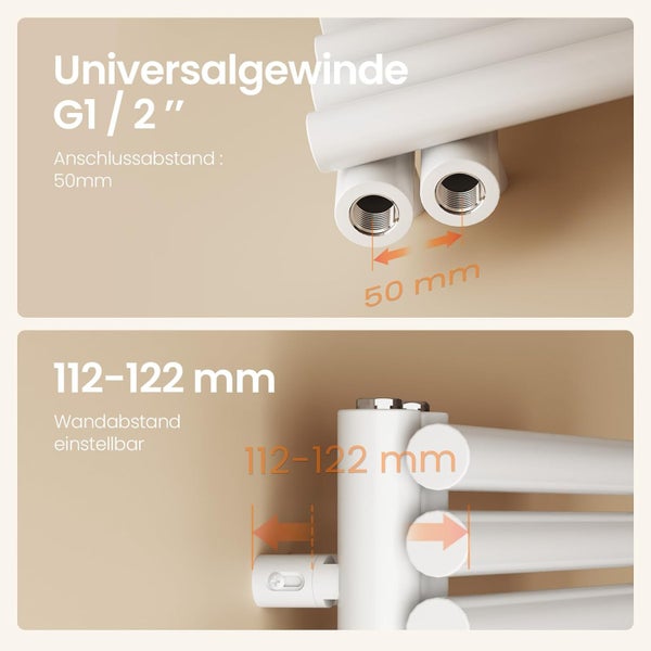 EMKE Badheizkörper mit Handtuchfunktion 1265×600 mm Rundrohr, Warmwasserheizung, Weiß, 776W, Stahl, Wandmontage, für Badezimmer geeignet