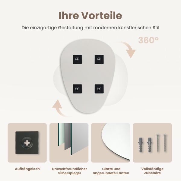 Produktvorteile: Aufhängeloch, umweltfreundlicher Silberspiegel, glatte und abgerundete Kanten sowie vollständiges Zubehör.
