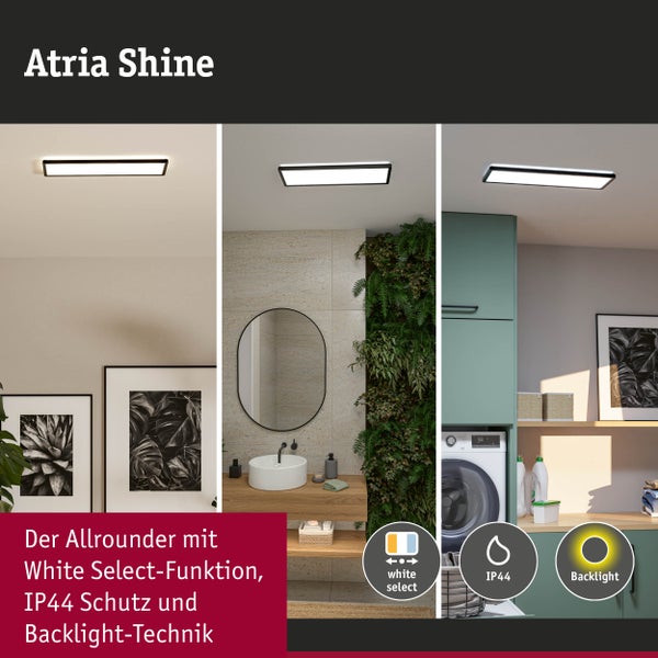 Atria Shine Deckenleuchte in verschiedenen Wohnbereichen mit White Select Funktion, IP44 Schutz und Backlight-Technik.