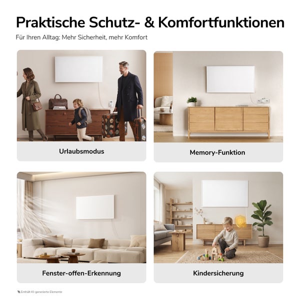 Infografik zeigt Funktionen von Infrarotheizungen: Urlaubsmodus, Memory-Funktion, Fenster-offen-Erkennung und Kindersicherung im Wohnraum.