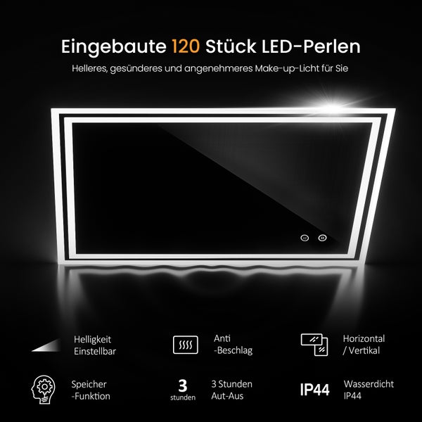 Beleuchteter Spiegel mit 120 integrierten LED Lampen, horizontal und vertikal montierbar, Anti-Beschlag Funktion und IP44 Wasserdichtigkeit