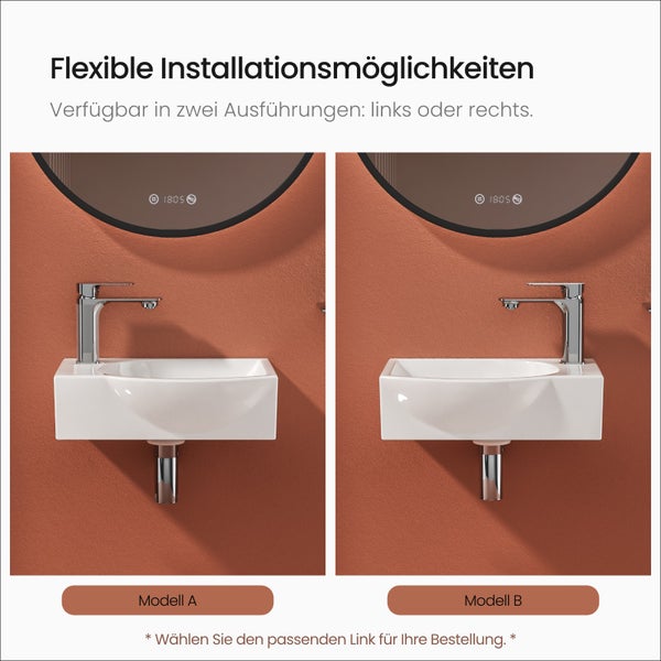 Zwei Waschbecken-Modelle mit Armatur und Spiegel zur flexiblen Installation.