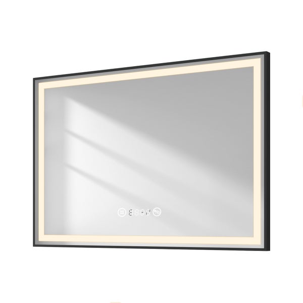 EMKE LED Badspiegel mit Beleuchtung 700×300 mm, Mattierter Spiegelrand, 4300K Neutrallicht, Antibeschlag & Uhr, Schwarzer Rahmen, für Badezimmer geeignet