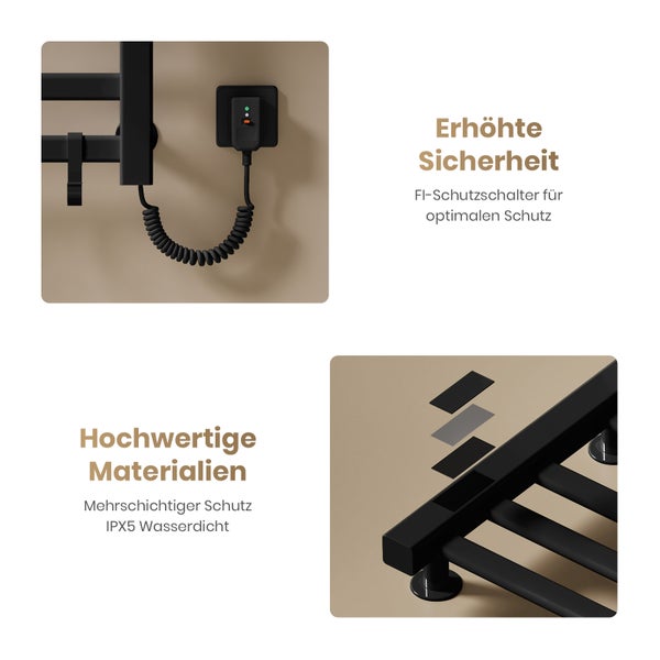 Details eines elektrischen Handtuchwärmers mit FI-Schutzschalter und IPX5 Wasserdichtigkeit