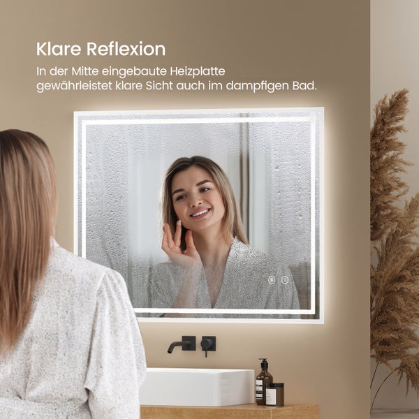 EMKE Badspiegel mit LED-Beleuchtung 90 x 70 cm, Kaltweiß 6500K, Touchschalter & Beschlagfrei, dimmbar, IP44, für Bad