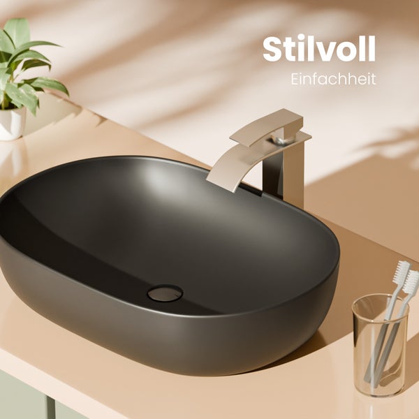 EMKE Aufsatzwaschbecken, Ovales Waschbecken 600 x 415 mm, Mattschwarz, Keramik, Höhe 146 mm, Ohne Hahnloch, Pflegeleicht, Antibakteriell & Feuchtigkeitsbeständig, Für Bad & WC