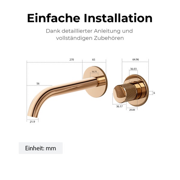 EMKE Unterputz Wandarmatur, 360° schwenkbar, 2-Loch Badarmatur aus Messing, Wandmontage für Waschbecken,288x210x70,Rosengold