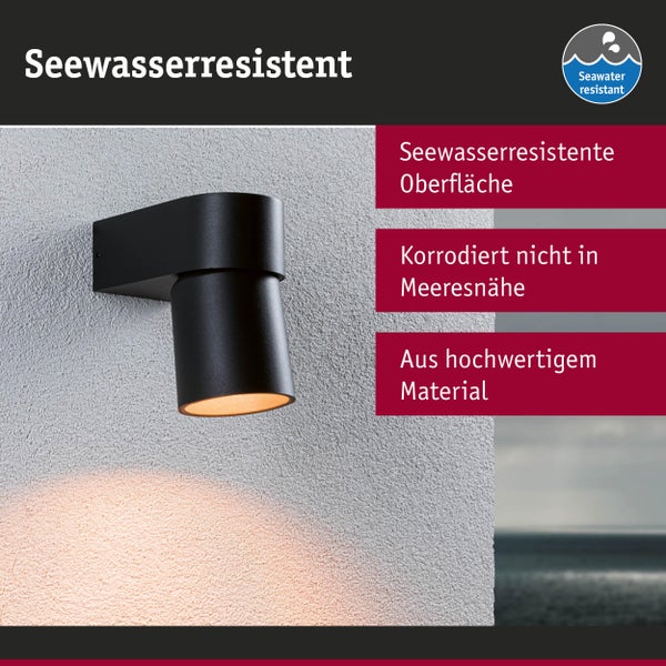 Seawater Resistant Symbol and black outdoor wall light.