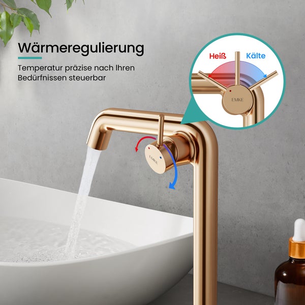EMKE Einhebel-Waschtischarmatur, Badarmaturen, Waschbecken Armatur - Schweizer Design，G3/8, Wassersparend, Korrosionsschutz, Warm- & Kaltwasser, Bleifreies Messing,332x220x76mm,Rosengold