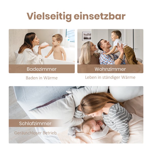 Produktbild mit Szenen aus Badezimmer, Wohnzimmer und Schlafzimmer, die vielfältige Einsatzmöglichkeiten zeigen