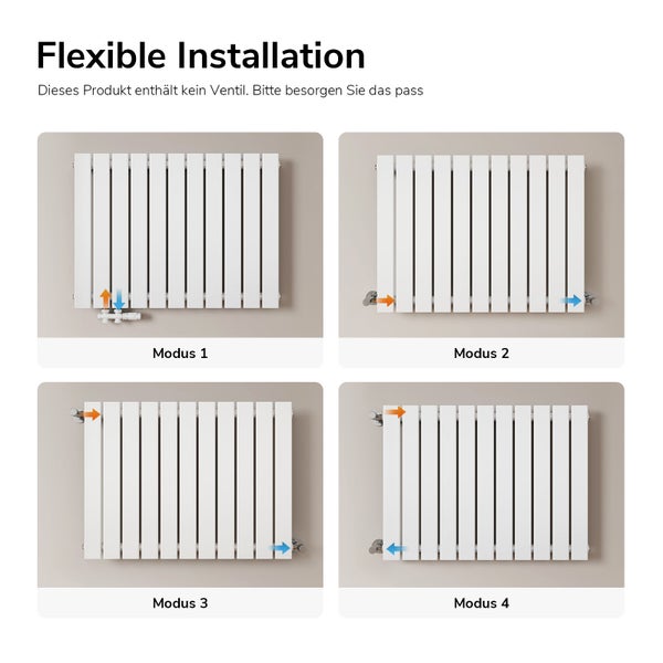 Installation possibilities of a radiator with arrows