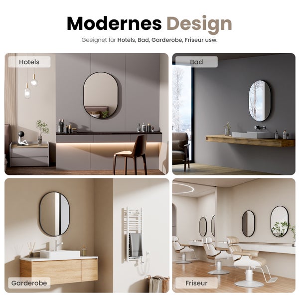 Ovaler Wandspiegel mit schwarzem Rahmen in verschiedenen Räumen wie Bad, Hotelzimmer, Garderobe und Friseursalon.
