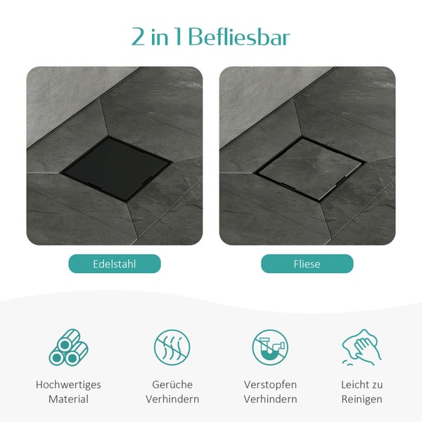 EMKE Duschrinne Quadratischer Bodenablauf 2 in 1 Komplettset Edelstahl Duschrinne mit Bodenablaufabdeckung,Geruchsstop und Haarsieb Randablauf Schwarz