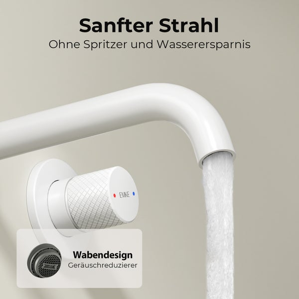 EMKE Unterputz Wandarmatur, 360° schwenkbar, 2-Loch Badarmatur aus Messing, Wandmontage für Waschbecken,288x210x70,Weiß
