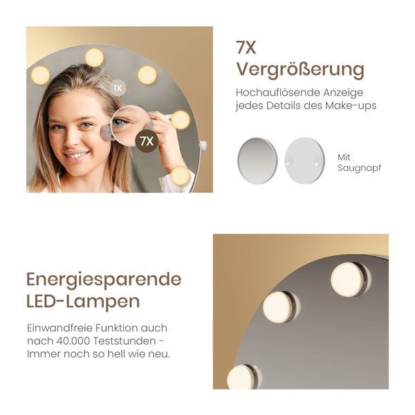 Kosmetikspiegel mit LED-Beleuchtung, 7-facher Vergrößerung und Saugnapf