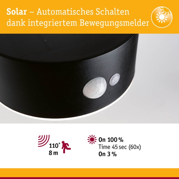 Solar LED Außenwandleuchte Eileen Bewegungsmelder IP44 3000K 400lm Schwarz