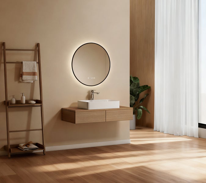 Modernes, helles Badezimmer mit rundem LED-Spiegel, hölzernem Waschbeckenunterschrank, Aufsatzwaschbecken und Handtuchleiter aus Holz.