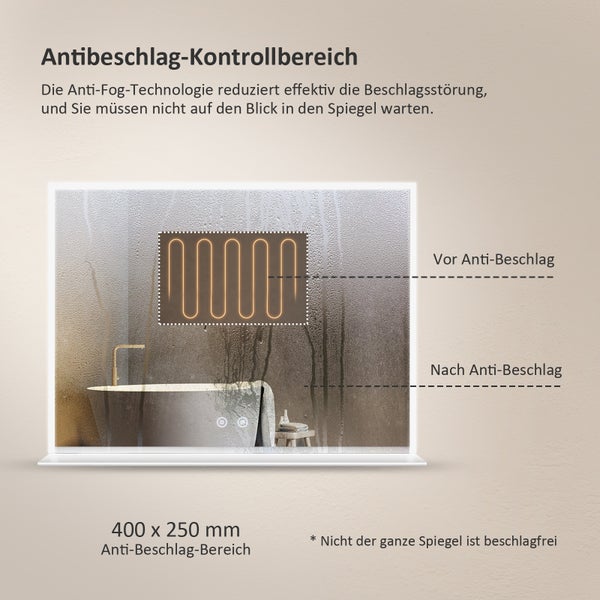 EMKE LED Badspiegel mit Ablage 80x60 cm, Kaltweiß, dimmbar, Touch-Schalter, Anti-Beschlag, mattierte Kanten, IP44, für Badezimmer geeignet