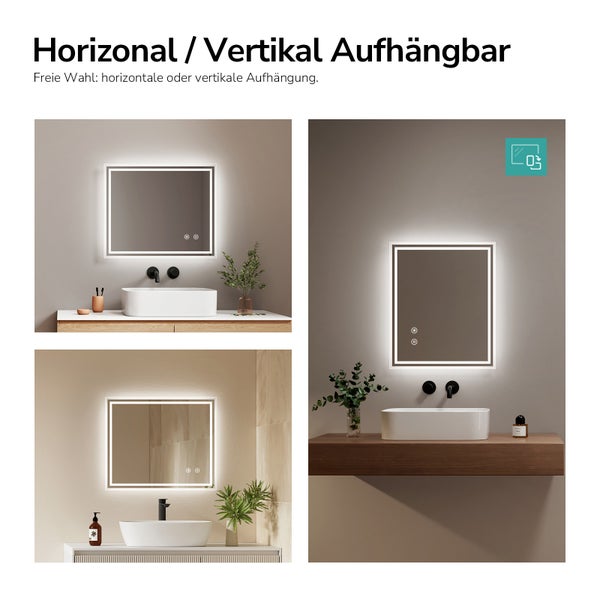Beleuchteter Badezimmerspiegel mit LED Beleuchtung, der wahlweise horizontal oder vertikal montiert werden kann.