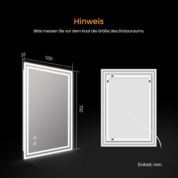 Skizze eines Spiegels mit LED Beleuchtung und Maßangaben