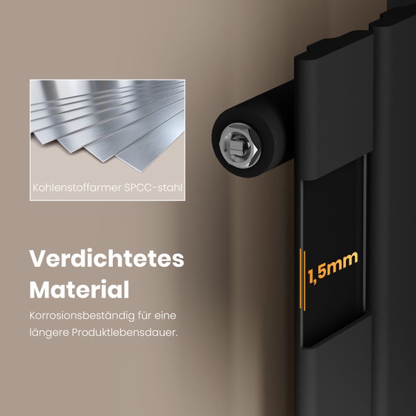 Detailaufnahme eines Heizkörpers aus korrosionsbeständigem SPCC-Stahl mit einer Materialstärke von 1,5 Millimeter.