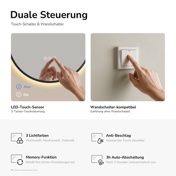Spiegel mit LED Beleuchtung, Duale Steuerung durch Touch Sensor und Wandschalter, inklusive Antibeschlag und Memory Funktion.