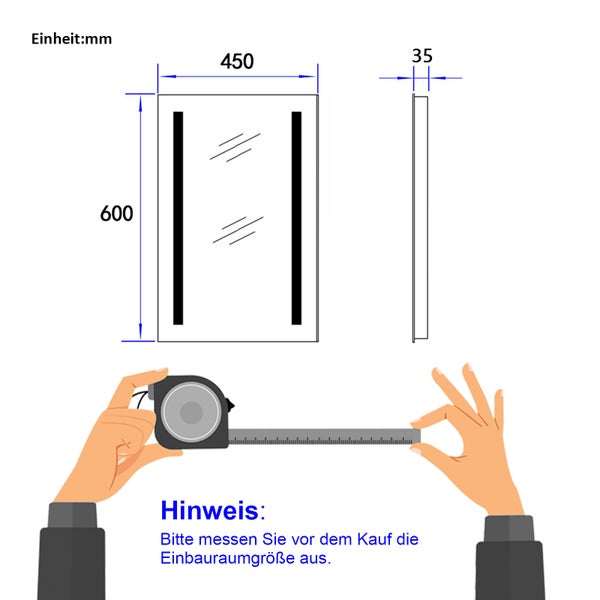 Technische Zeichnung eines Spiegels mit LED-Beleuchtung und den Maßen 600 x 450 x 35 Millimeter