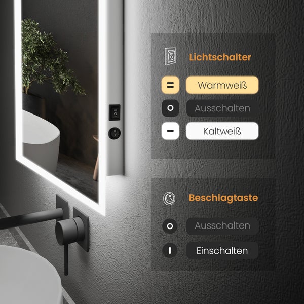 Detailansicht der Bedienelemente eines Spiegels mit Lichtschalter und Beschlagtaste