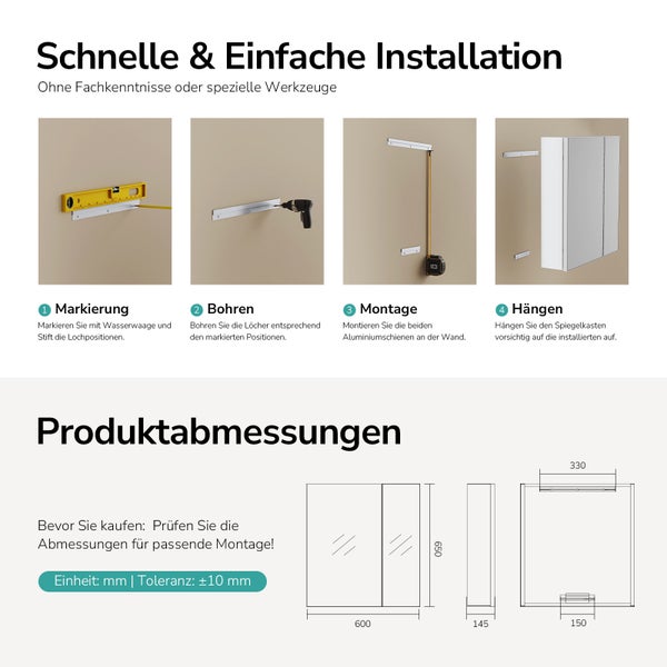 Anleitung zur Montage eines Spiegelschranks mit Produktabmessungen
