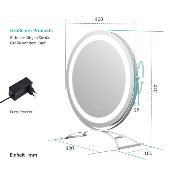 EMKE Kosmetikspiegel mit Beleuchtung ф40cm, Tisch-Standspiegel, 3 dimmbare Lichtfarben, Touchsteuerung, 360° drehbar, 4mm HD-Spiegelfläche mit matter Kante, für Schlafzimmer, Weiß