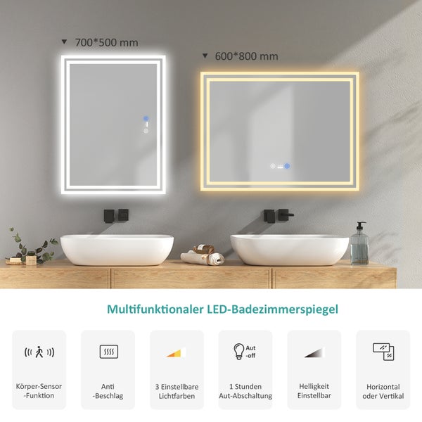 EMKE Badspiegel mit Beleuchtung 70 x 50 cm, Touch- & Sensorschalter, Anti-Beschlag, dimmbar, Warmweiß/Neutralweiß/Kaltweiß, 51 W, Aluminiumrahmen Weiß, flexibel montierbar, für Badezimmer