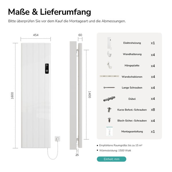 Maßzeichnung und Lieferumfang für Elektroheizung mit 1500 Watt für Räume bis 15 Quadratmeter inklusive Montagezubehör.
