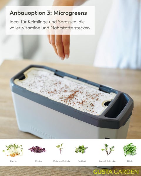 Anzuchtbox für Microgreens mit Kresse, Radieschen, Rettich, Brokkoli, Rucola und Alfalfa