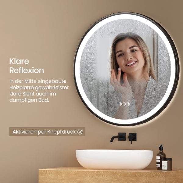EMKE Badspiegel mit Beleuchtung LED-Spiegel mit Touchschalter,  rund, Anti-Beschlag, 3 dimmbare Lichtfarben, ф80cm